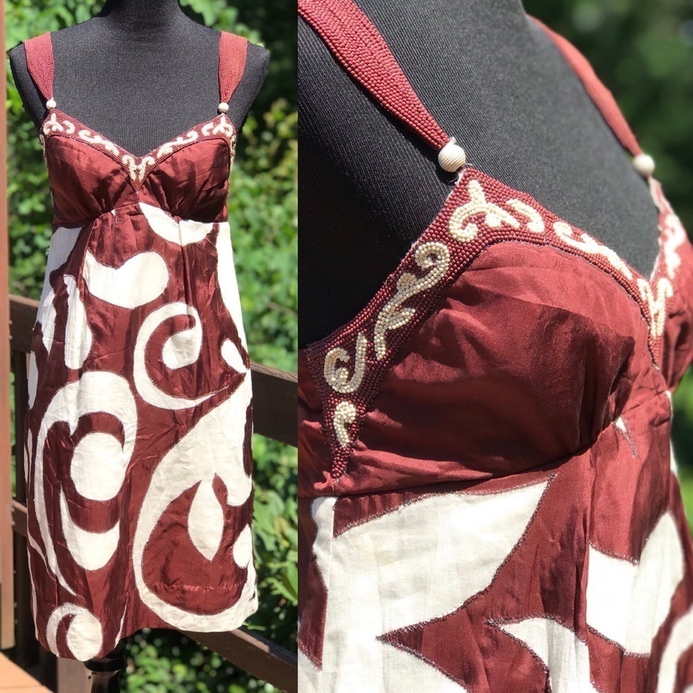 Y2K Vintage Yoana Baraschi Beaded Babydoll Cocktail Dress Paisley Brown Cream S